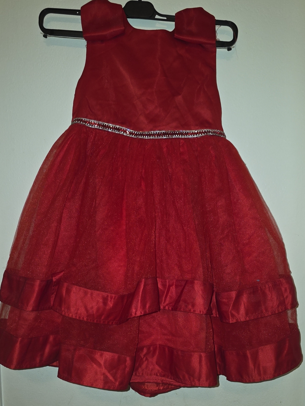 Girls' Red Holiday Tulle Dress with Sparkle Waistband
